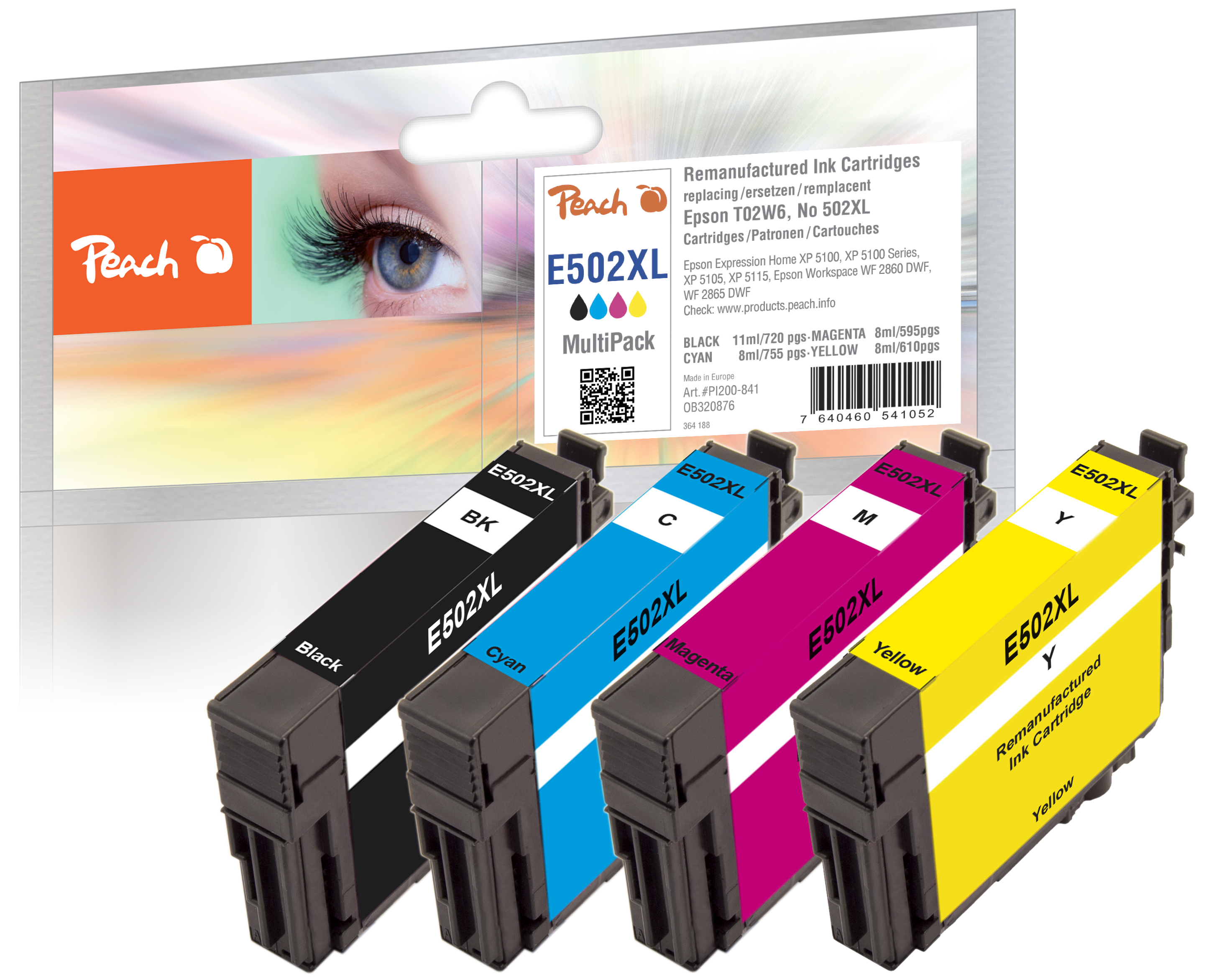 PI200-841 | Peach Sada inkoustových náplní, kompatibilní s Epson č 502XL - T02W1-4 - černá, azurová, purpurová a žlutá